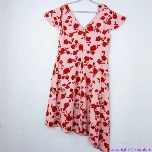 Adrianna Papell warm pink red floral print high low flutter sleeve dress size 14 - Picture 7 of 16